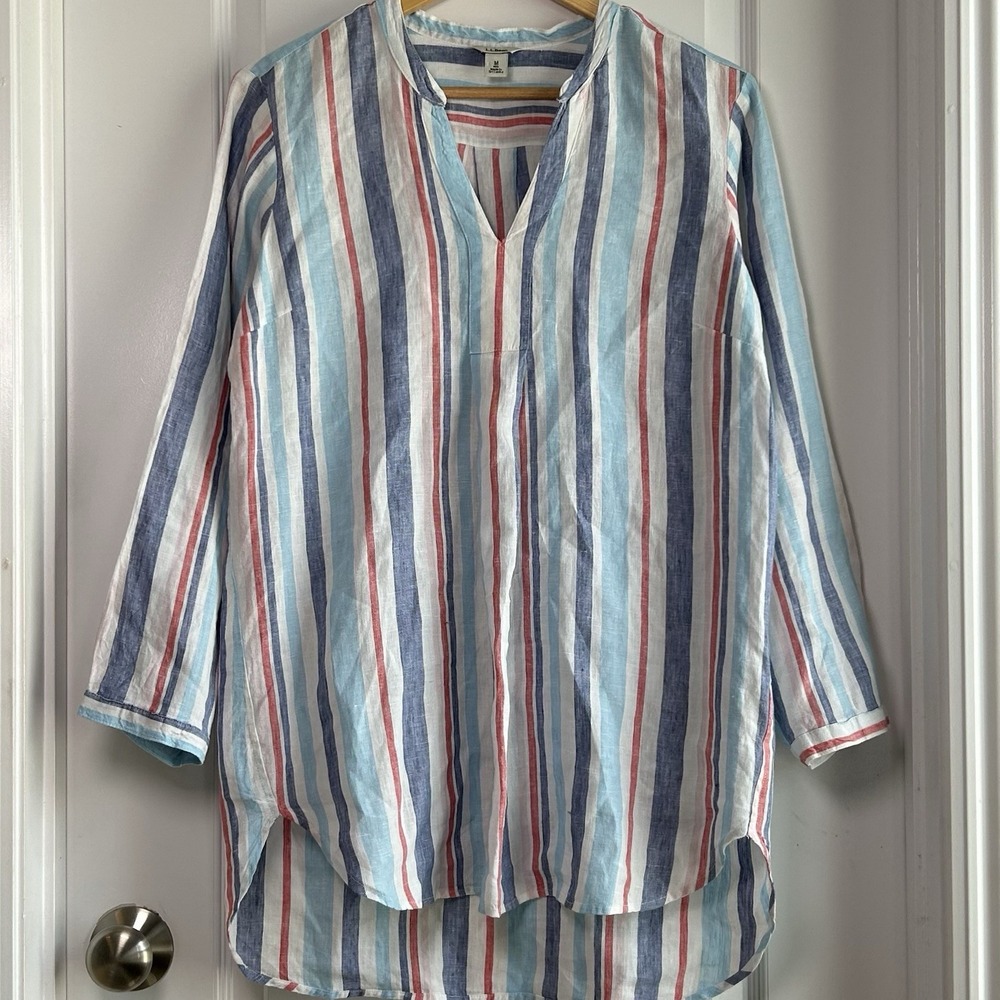 L.L. Bean Linen Stripe‎ 3/4 Sleeve Split Neck Pullover Tunic Top Nautical Style